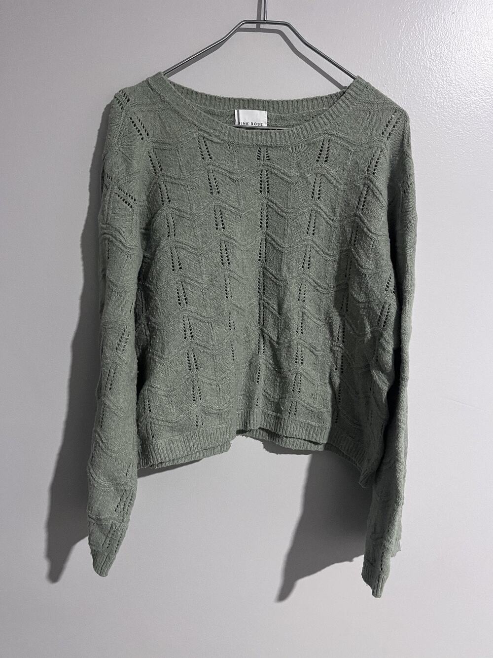 Pink Rose Sweater Womens L Green Open-Knit Crew Neck Lightweight Pullover